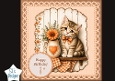 Rustic Kitten Happy Birthday Card Topper – Orange Flowers & Shelf Design