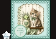 Rustic Green Kitten Happy Birthday Card Topper – Floral Jug & Shelf Design