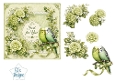 Green Budgerigar Garden Card Topper – Lace Frame & Pastel Flowers