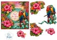 Tropical Parrot Sunset Card Topper – Lace Frame & Floral Accent