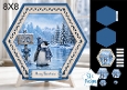 Hexagonal 8x8 Penguin Winter Card Kit with Snowy Landscape & Festive Blue Toppers