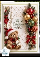 Teddy Bear Christmas Oval Card • Quilted Lace Frame & Festive Ornaments