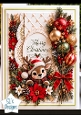 Reindeer Christmas Oval Card • Poinsettias, Ornaments & Quilted Lace Frame