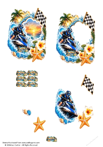 Jet Ski Ocean Adventure 3D Decoupage A4 Sheet