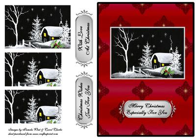 Black & White Christmas Scene on Red Background
