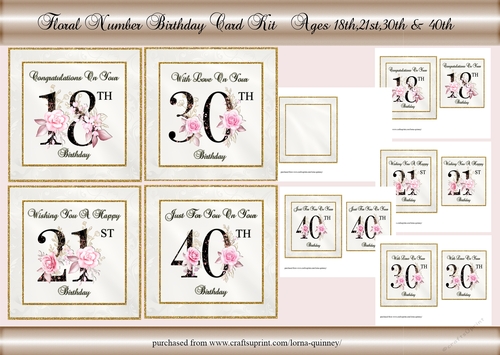 Floral Number Birthday Cards Kit - Ages 18,21,30 and 40