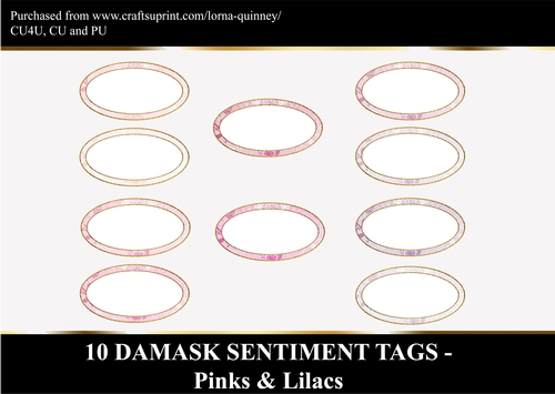 10 Damask Sentiment Tags - Pinks & Lilacs 