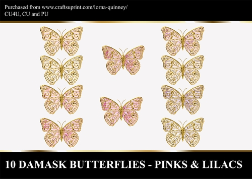 10 Damask Butterflies - Pinks & Lilacs 