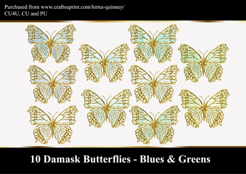 10 Damask Butterflies - Blues & Greens