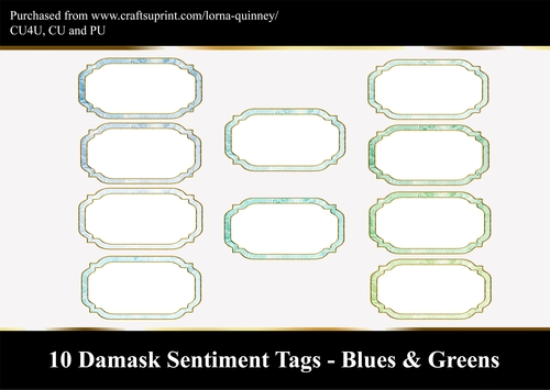10 Damask Sentiment Tags - Blues & Greens