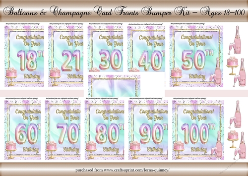 Balloons & Champagne Card Fronts Bumper Kit - Ages 18-100