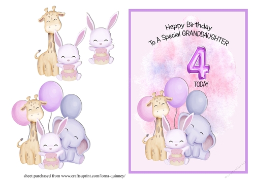 Animal Themed Granddaughter Birthday Card - 4th Birthday