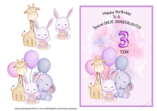 Animal Themed Great Granddaughter  Birthday Card - 3rd Birthday