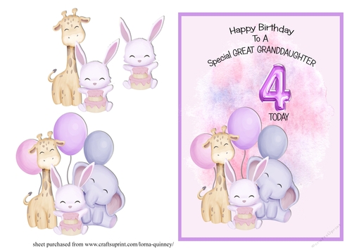 Animal Themed Great Granddaughter  Birthday Card - 4th Birthday