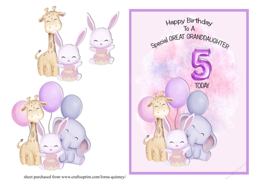 Animal Themed Great Granddaughter  Birthday Card - 5th Birthday