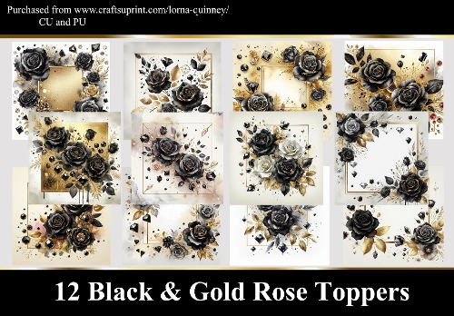12 Black and Gold Rose Toppers