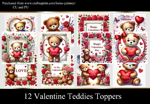 12 Valentine Teddies Toppers 