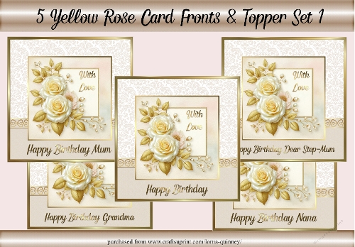 5 Yellow Rose Card Fronts & Topper Set 1