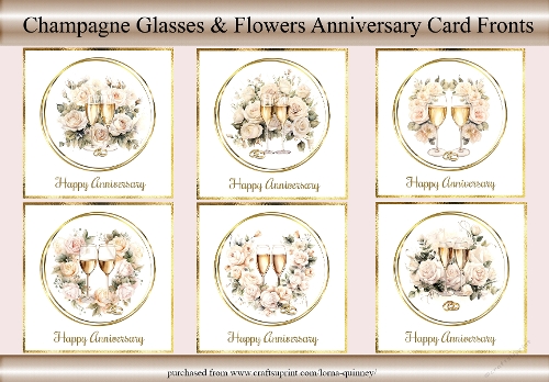 Champagne Glasses & Flowers Anniversary Card Fronts