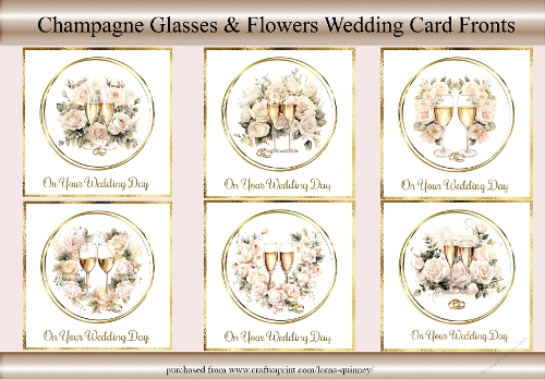 Champagne Glasses & Flowers  Wedding Card Fronts