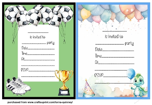 Football & Dinosaur Childrens Birthday Party Invitations