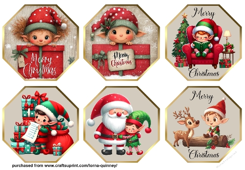 Gold Octagonal Christmas Elves Toppers