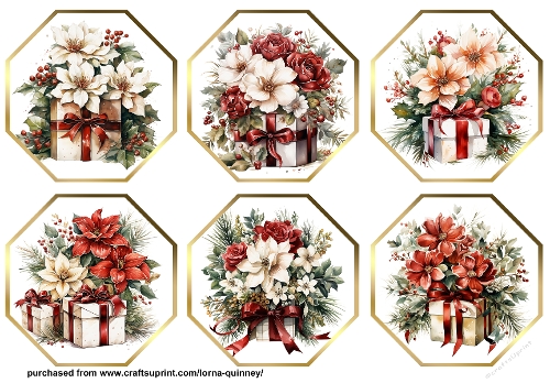 Gold Octagonal Poisettia & Presents Toppers