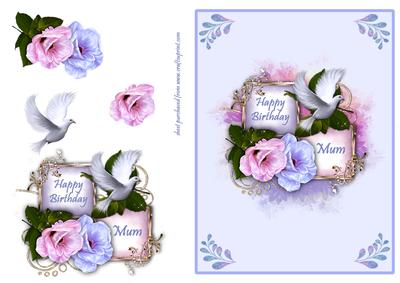 Pink & Blue Flowers & Dove - Mum