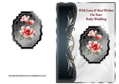 Red Magnolias Art Nouveau Card Front - Ruby Wedding