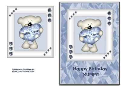 Blue & White Heart Bear - Mummy Birthday