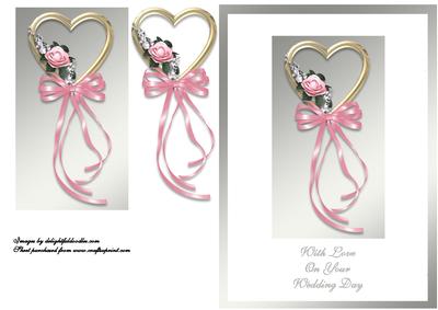 Gold Heart & Pink Flowers Wedding Card