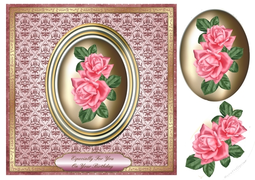 Pink Roses in Gold Oval Frame