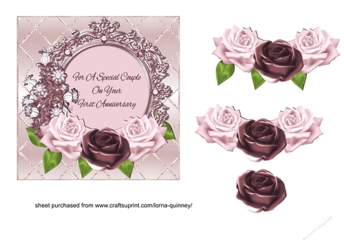 Pink Roses First Anniversary Card Front