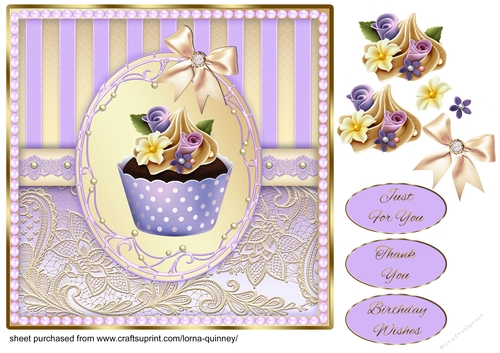 Lilac & Gold Lace Cupcake Card Front
