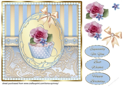 Pale Blue & Gold Lace Cupcake Card Front