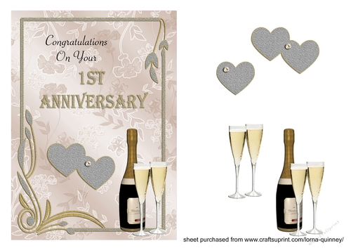 Champagne and Hearts 1st Anniversary Card