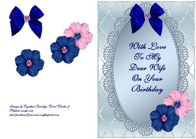 Pink & Blue Flowers on Pale Blue Oval Frame - Wife
