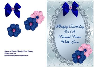 Pink & Blue Flowers on Pale Oval Frame - Sister