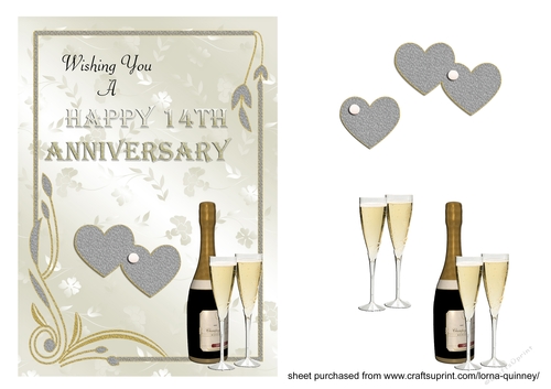 Champagne and Hearts 14th Anniversary (Ivory)  Card