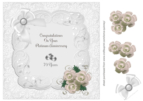 Square White Roses & Rings Platinum Anniversary Card