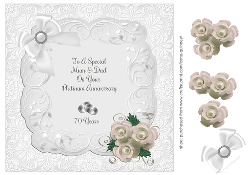 Square White Roses & Rings Platinum Anniversary Card - Mum & Dad