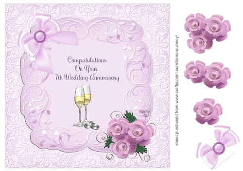 Champagne Glasses & Wedding Rings 7th Anniversary Card
