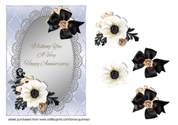 Black & White Flowers On Silver Anniversary Card Front