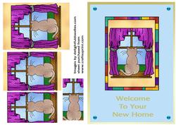 Cat in Window Stained Glass Card - New Home