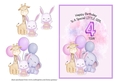 Animal Themed Girls Birthday Card - Age 4
