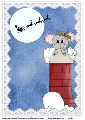 Cute Xmas Mouse in Chimney with Santa