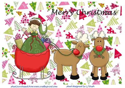 Xmas Reindeer and Elf in Sleigh A4 Card Front