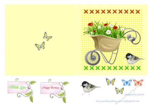 Pretty flowers in wheelbarrow 5.5 inch square cut and fold card