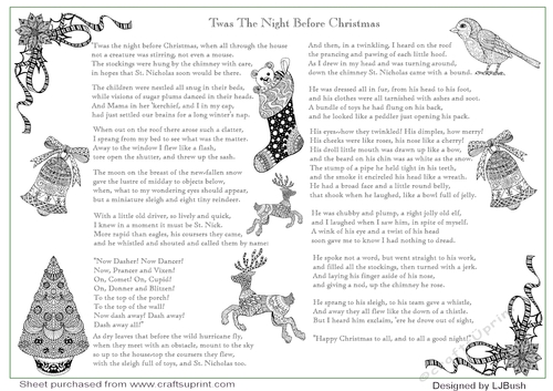 Twas the night before Xmas poem childrens colour in page