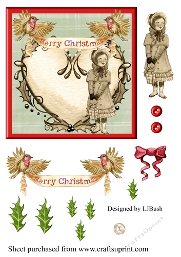  Victorian girl in sepia tones with holly embellishments 6 x 6 card front